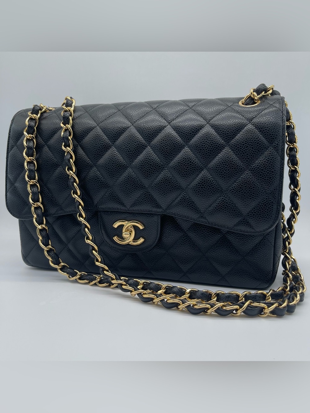 CHANEL Black Quilted Caviar Leather Shoulder Bag with Gold Hardware
